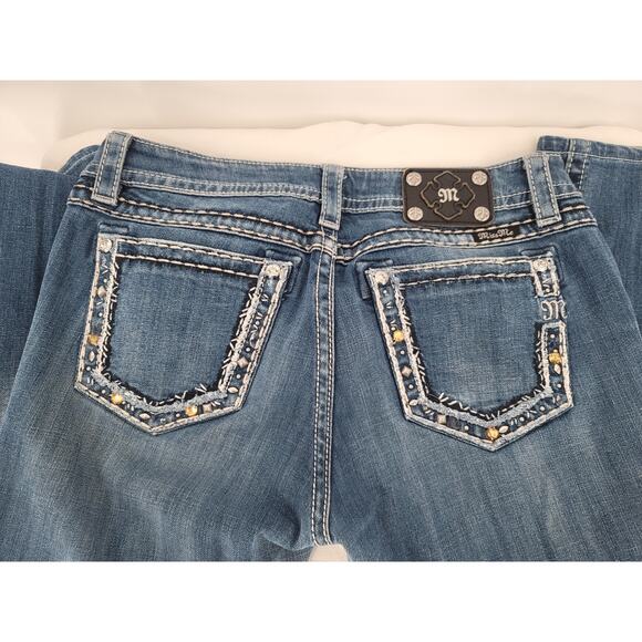 Miss Me Boot Cut Mid Rise Embellished Pocket Y2K 90s Denim Blue Jean 32 VTG - Picture 7 of 13